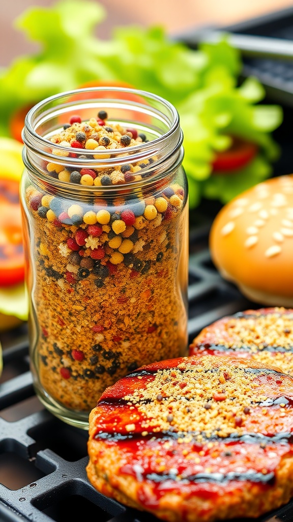 A jar of savory burger seasoning with a delicious grilled burger in the background.